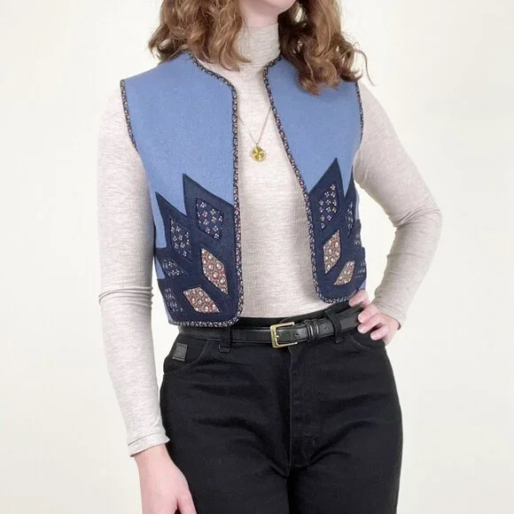 Vintage Handmade Cropped Vest Scandinavian Nordic Floral Print Crop Quilted Boho - Picture 2 of 6